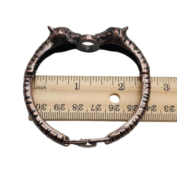 Enamel Rhinestone Lion Tiger Head Bangle Bracelet Brass Tone Vintage - Picture 5 of 6